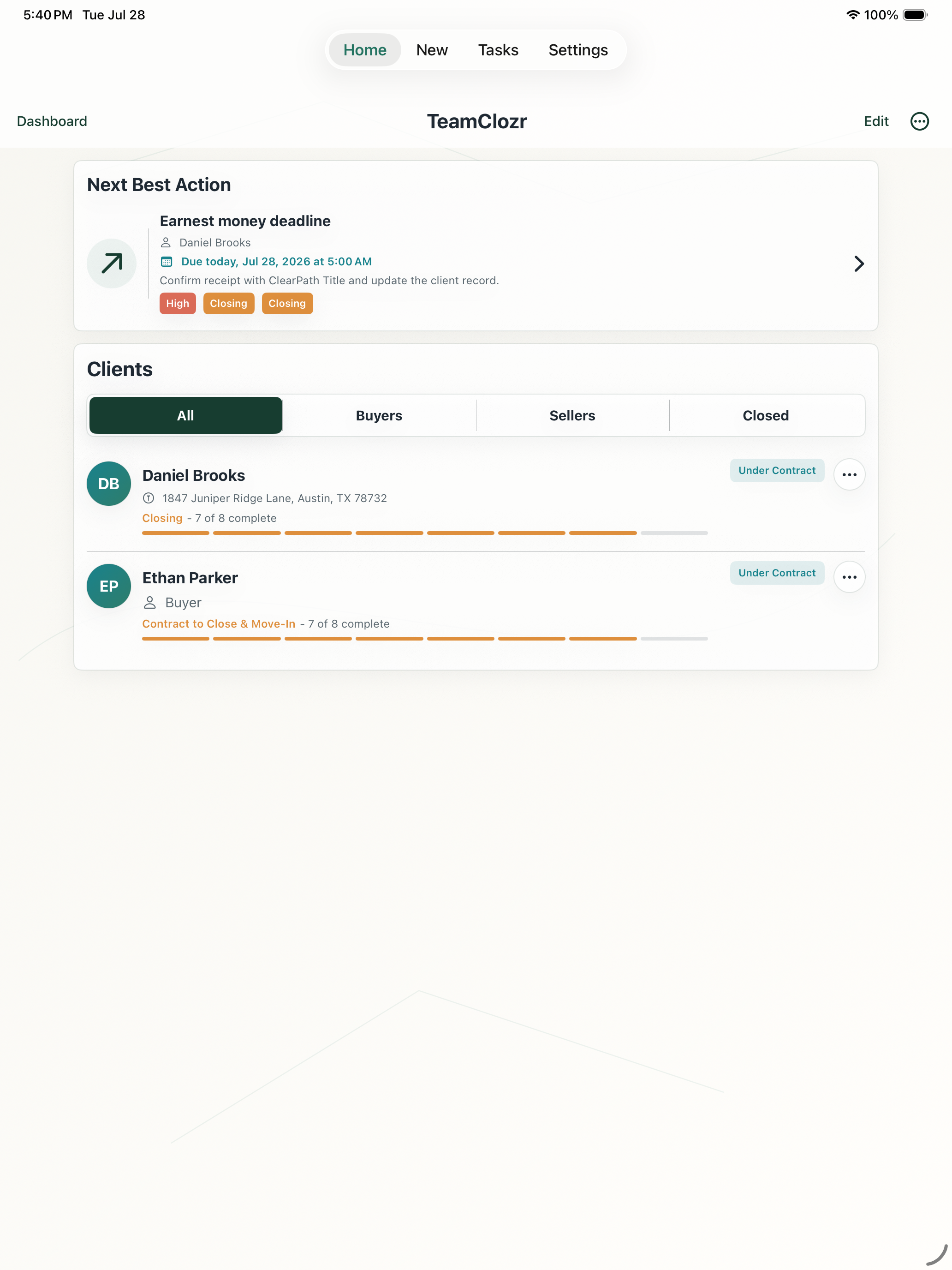 TeamClozr iPad home command center for real estate workflow.