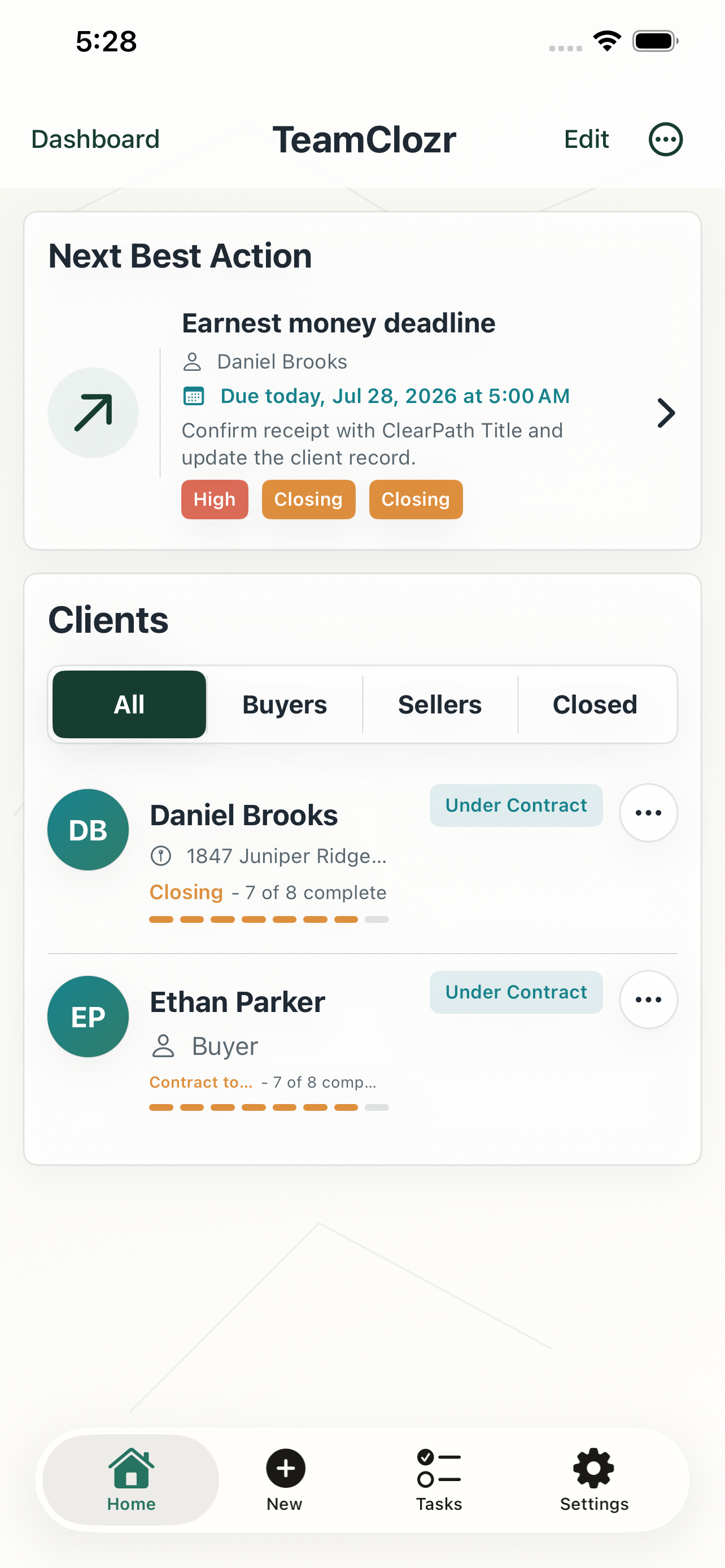TeamClozr iPhone home command center showing real estate workflow actions.