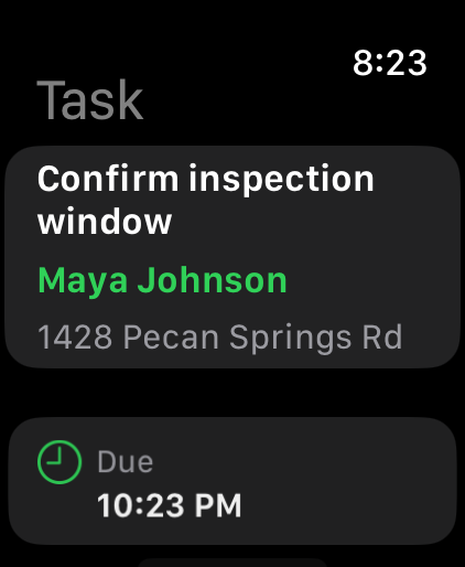 Pantalla de la app en Apple Watch: detalle de tarea