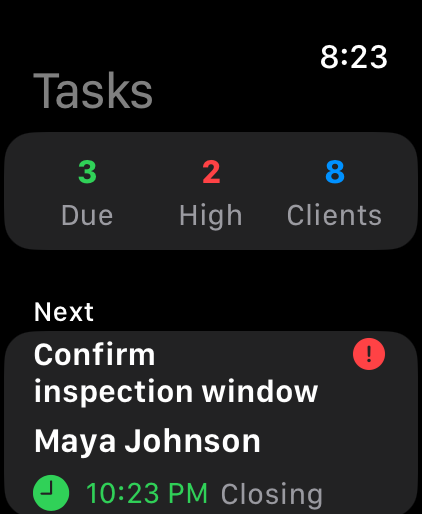 TeamClozr Apple Watch task list.